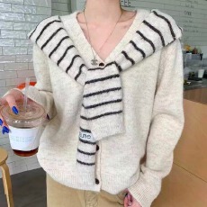 批发2025秋冬法式复古慵懒风时尚百搭软糯长袖针织衫配条纹披肩女