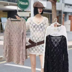 批发2026春季复古风钩花V领长袖<b class='q'>针织衫</b>女宽松显瘦镂空<b class='q'>罩衫</b>设计感上衣