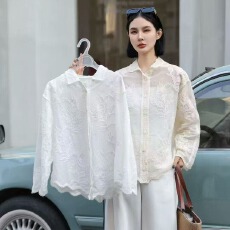批发2026春款法式纯色棉刺绣绣花<b class='q'>衬衫</b>女单排扣翻领文艺气质宽松上衣潮