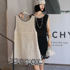 批发2026春季新款欧洲站镂空钩花复古V领无袖针织中长款背心马甲