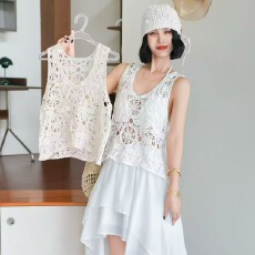 批发2026春季纯棉大码女装胖mm钩花镂空叠穿宽松外搭T恤背心小马甲