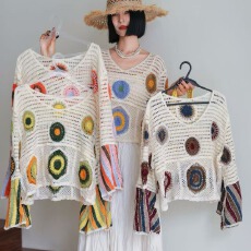 批发2026春季度假风V领钩花<b class='q'>镂空</b><b class='q'>针织</b>衫女大码胖mm宽松外搭<b class='q'>罩衫</b>上衣