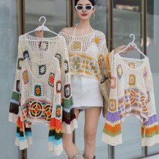 批发2026春季度假风V领钩花<b class='q'>镂空</b><b class='q'>针织</b>衫女大码胖mm宽松外搭<b class='q'>罩衫</b>上衣