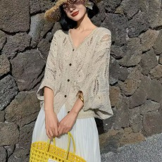 批发2026春季钉珠亮片海边沙滩度假风开衫蝙蝠袖宽松镂空钩花<b class='q'>防晒</b>上衣