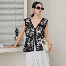 批发2026春季新款法式蕾丝黑色镂空马甲背心女大码胖mm高级感无袖上衣