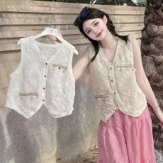 批发2026春夏新款镂空钩花重工珠片V领马甲背心女外搭开衫无袖上衣