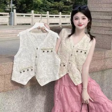 批发2026春夏新款镂空钩花重工珠片V领马甲背心女外搭开衫无袖上衣