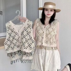 批发2026春夏新款纯棉拼色流苏外搭钩花镂空背心女钩织无袖坎肩马甲