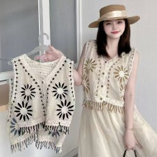 批发2026春夏新款纯棉拼色流苏外搭钩花镂空背心女钩织无袖坎肩马甲