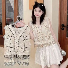 批发2026春夏新款纯棉拼色流苏外搭钩花镂空背心女钩织无袖坎肩马甲