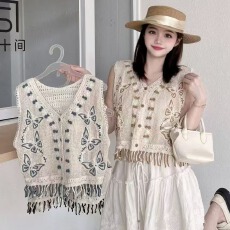 批发2026春夏新款纯棉拼色流苏外搭钩花镂空背心女钩织无袖坎肩马甲