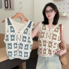 批发2026春夏新款纯棉拼色外搭钩花镂空背心女钩织无袖坎肩马甲