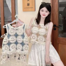 批发2026春夏新款纯棉拼色流苏外搭钩花镂空背心女钩织无袖坎肩马甲