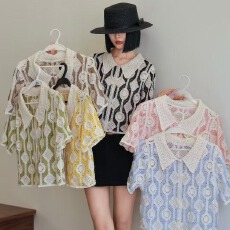 批发2026春夏新款翻领镂空钩花<b class='q'>欧美风</b>法式时尚提花网眼针织短袖上衣