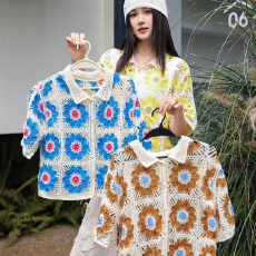 批发2026春夏新款翻领镂空钩花<b class='q'>欧美风</b>法式时尚提花网眼针织短袖上衣