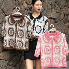 批发2026春夏新款翻领镂空钩花<b class='q'>欧美风</b>法式时尚提花网眼针织短袖上衣