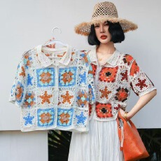 批发2026春夏新款翻领镂空钩花<b class='q'>欧美风</b>法式时尚提花网眼针织短袖上衣