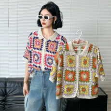 批发2026春夏新款翻领镂空钩花<b class='q'>欧美风</b>法式时尚提花网眼针织短袖上衣