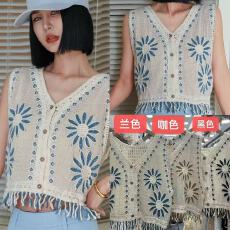 批发2026春夏纯棉民族风复古绣花流苏背心女云南穿搭镂空开衫针织马甲