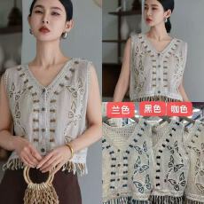 批发2026春夏纯棉民族风复古绣花流苏背心女云南穿搭镂空开衫针织马甲