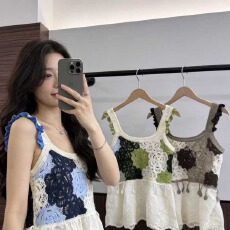 批发2026夏季波西米亚镂空刺绣棉布下摆拼接蕾丝甜美针织<b class='q'>吊带</b><b class='q'>背心</b>女