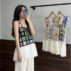 批发2026夏季波西米亚镂空刺绣棉布下摆拼接蕾丝甜美针织<b class='q'>吊带</b><b class='q'>背心</b>女