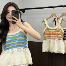 批发2026夏季波西米亚镂空刺绣棉布下摆拼接蕾丝甜美针织<b class='q'>吊带</b><b class='q'>背心</b>女