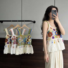 批发2026夏季波西米亚镂空刺绣棉布下摆拼接蕾丝甜美针织<b class='q'>吊带</b><b class='q'>背心</b>女