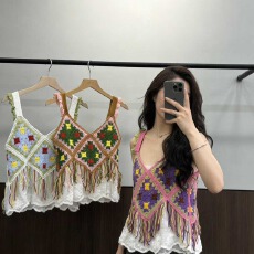 批发2026夏季波西米亚镂空刺绣棉布下摆拼接蕾丝甜美针织<b class='q'>吊带</b><b class='q'>背心</b>女