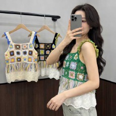 批发2026夏季波西米亚镂空刺绣棉布下摆拼接蕾丝甜美针织<b class='q'>吊带</b><b class='q'>背心</b>女