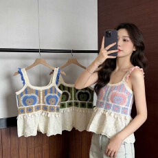 批发2026夏季波西米亚镂空刺绣棉布下摆拼接蕾丝甜美针织<b class='q'>吊带</b><b class='q'>背心</b>女