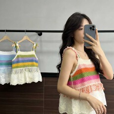 批发2026夏季波西米亚镂空刺绣棉布下摆拼接蕾丝甜美针织<b class='q'>吊带</b><b class='q'>背心</b>女