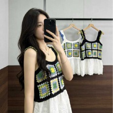 批发2026夏季波西米亚镂空刺绣棉布下摆拼接蕾丝甜美针织<b class='q'>吊带</b><b class='q'>背心</b>女