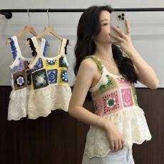批发2026夏季波西米亚镂空刺绣棉布下摆拼接蕾丝甜美针织<b class='q'>吊带</b><b class='q'>背心</b>女