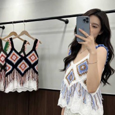 批发2026夏季波西米亚镂空刺绣棉布下摆拼接蕾丝甜美针织<b class='q'>吊带</b><b class='q'>背心</b>女