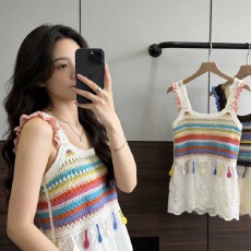 批发2026夏季波西米亚镂空刺绣棉布下摆拼接蕾丝甜美针织<b class='q'>吊带</b><b class='q'>背心</b>女