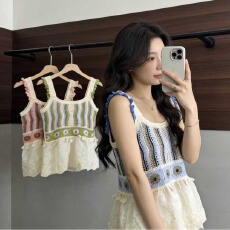 批发2026夏季波西米亚镂空刺绣棉布下摆拼接蕾丝甜美针织<b class='q'>吊带</b><b class='q'>背心</b>女