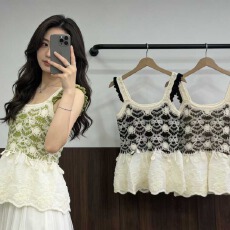 批发2026夏季波西米亚镂空刺绣棉布下摆拼接蕾丝甜美针织<b class='q'>吊带</b><b class='q'>背心</b>女