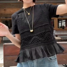 批发2026夏季<b class='q'>大码</b>黑色钩花镂空假两件正肩短袖t恤女胖mm显瘦修身上衣