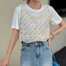 批发2026<b class='q'>设计</b>感重工钉珠亮闪闪圆领无袖背心女时尚减龄短款叠穿马甲