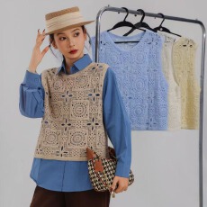 批发2026春夏纯色钩花镂空针织衫宽松无袖马甲背心毛衣外搭开衫马甲