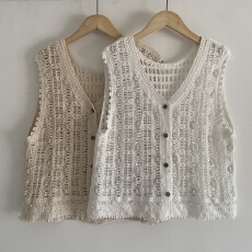 批发实拍 2026春夏纯棉波西米亚流苏蕾丝钩花钉珠V领针织叠穿马甲背心