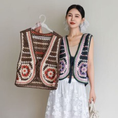 批发2026夏季新款绑带复古祖母格钩花女叠穿背心民族风短款开衫马甲