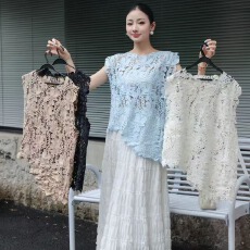 批发2026夏季新款不规则无袖外穿马甲背心大码胖mm钩花镂空叠穿上衣女