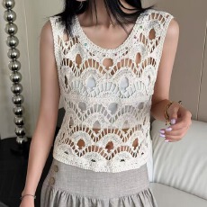 批发2026夏季欧式钉珠钩花镂空纯棉背心吊带女百搭叠穿坎肩纯色上衣