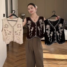 批发2026夏季复古时髦重工镂空钩花刺绣V领针织马甲背心女无袖上衣