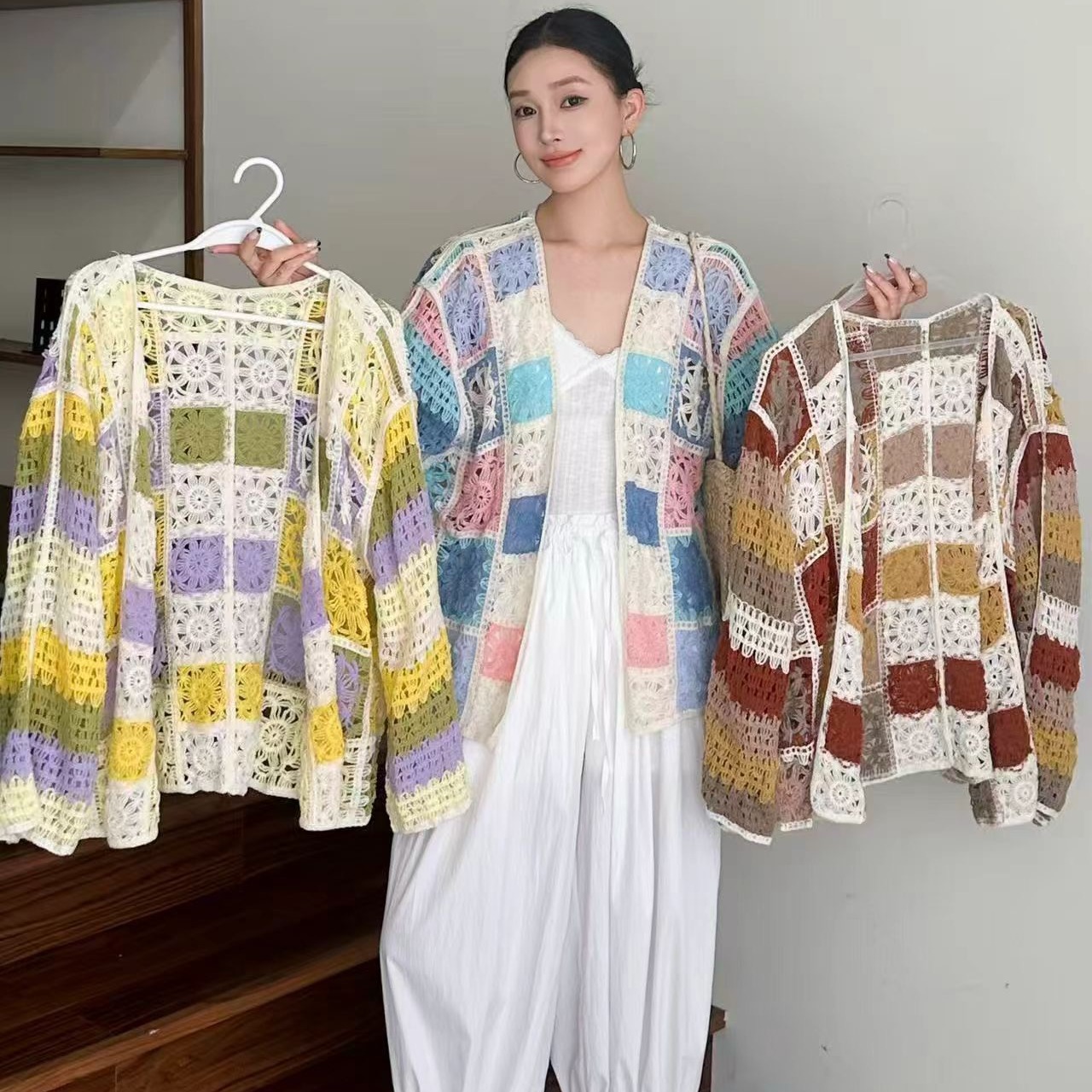 2026 여름 새로운 프랑스식 자수 홀로우 아웃 니트 여성 긴 소매 다용도 꽃 블라우스 루즈핏 오픈 가디건 맨위