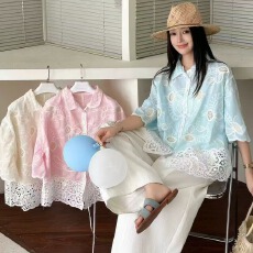 批发2026夏季法式纯色棉刺绣绣花衬衫女单排扣翻领文艺气质宽松上衣潮