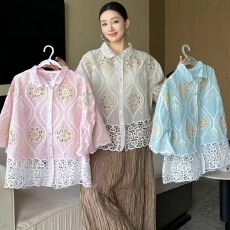 批发2026夏季法式纯色棉刺绣绣花衬衫女单排扣翻领文艺气质宽松上衣潮