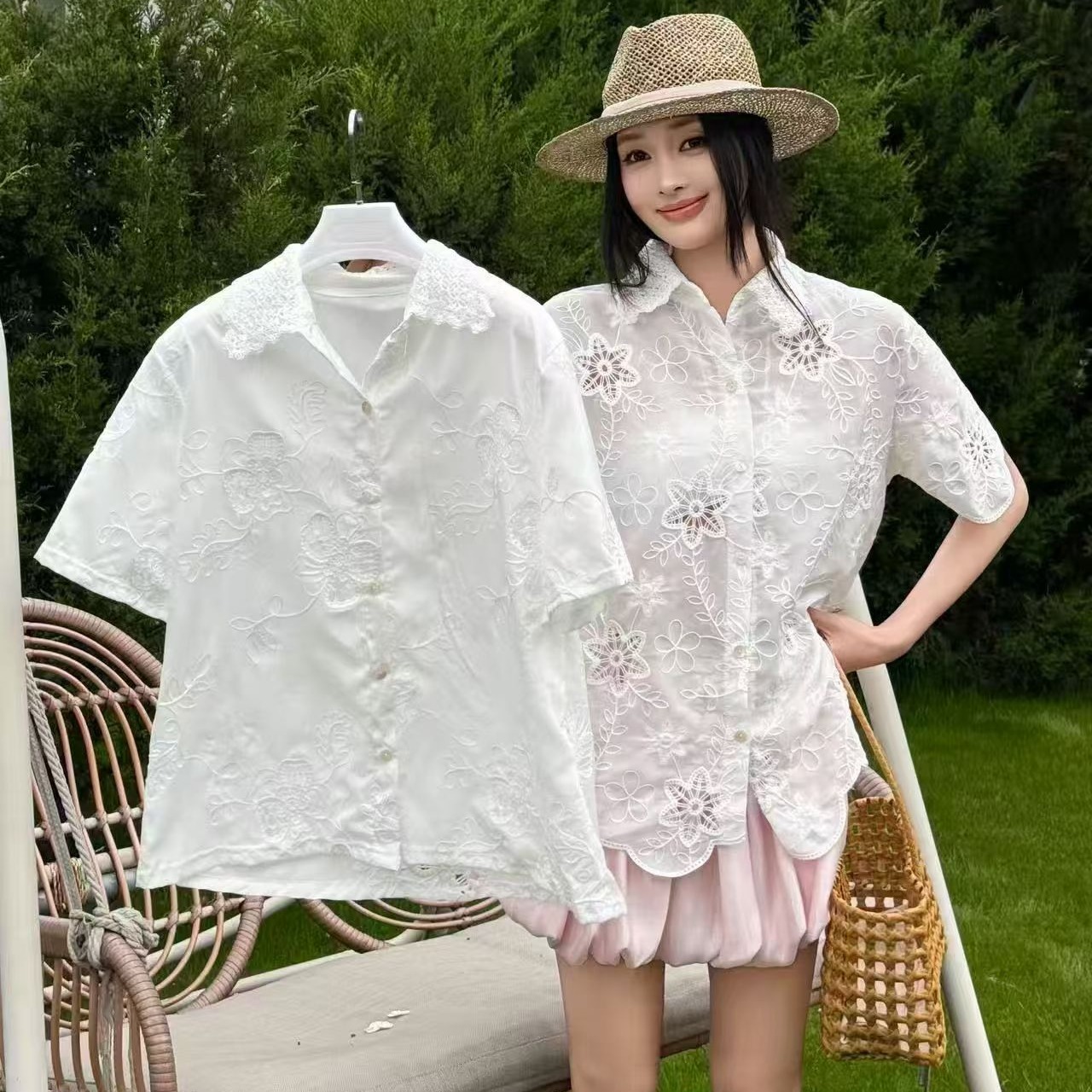 2026 여름 새로운 정장 칼라 자수 반팔 셔츠 무거운 작업 자카드 다용도 빛 럭셔리 셔츠 맨위